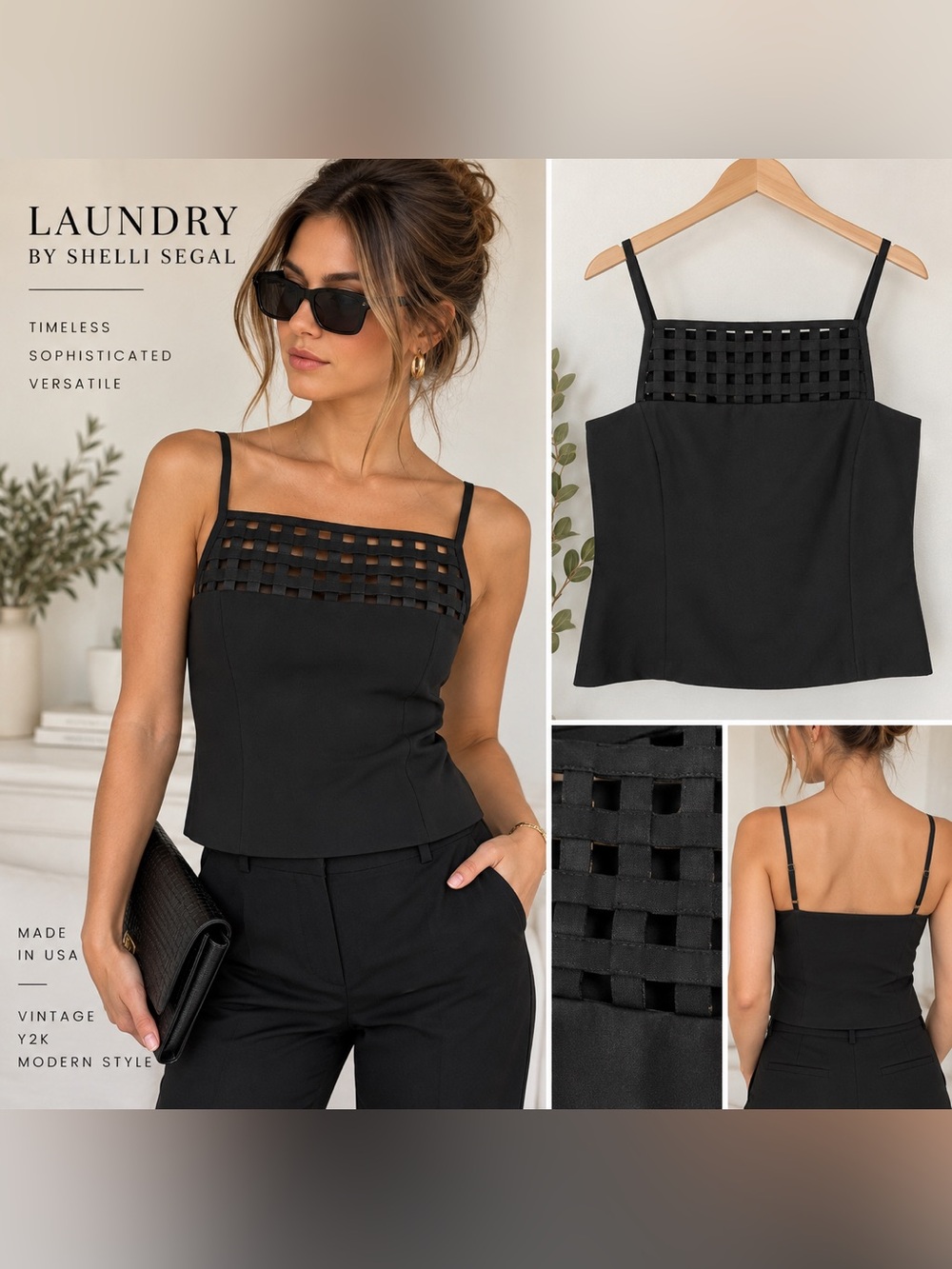 Vintage Laundry Shelli Segal Y2K Black Lattice Cage Cami Top Size 8 USA